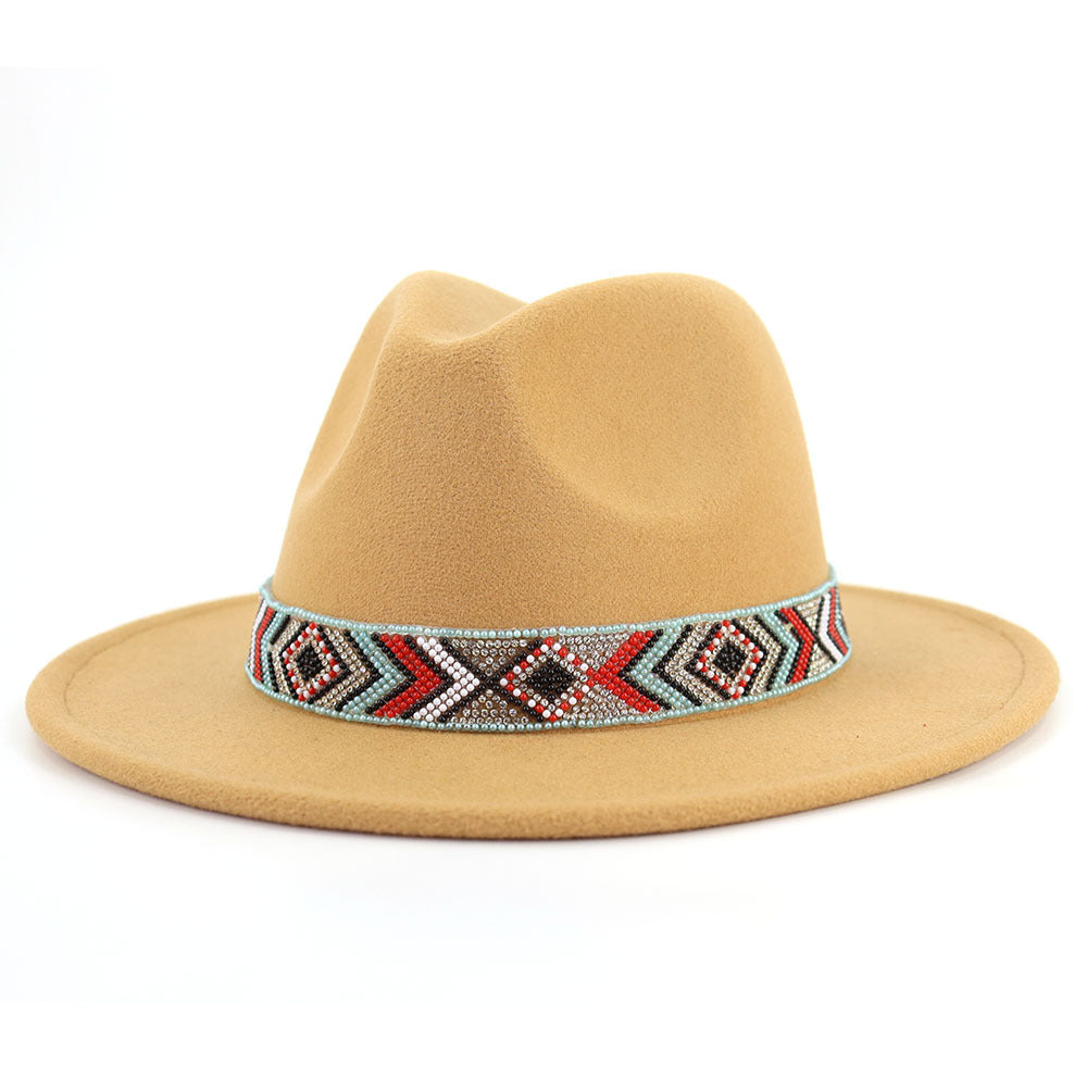 Autumn And Winter New Blue Bead Woolen Hat Fashion Panama Jazz Hat