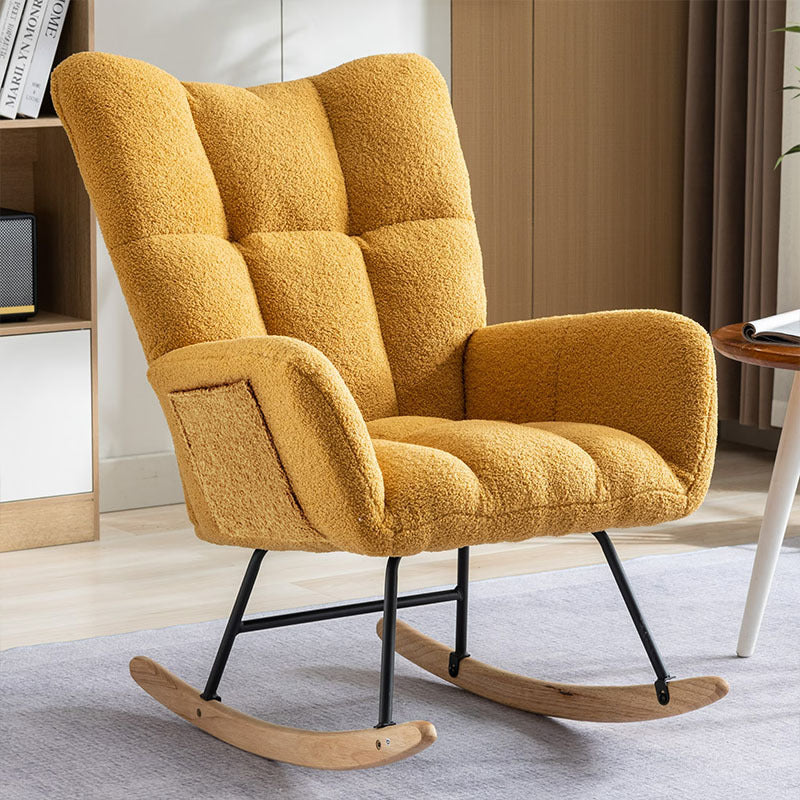 Rocking Chair With Pocket, Soft Teddy Fabric Rocking Chair For Nursery, Comfy Wingback Golider Rocking Chair With Safe Solid Wood Base For Living Room Bedroom Balcony