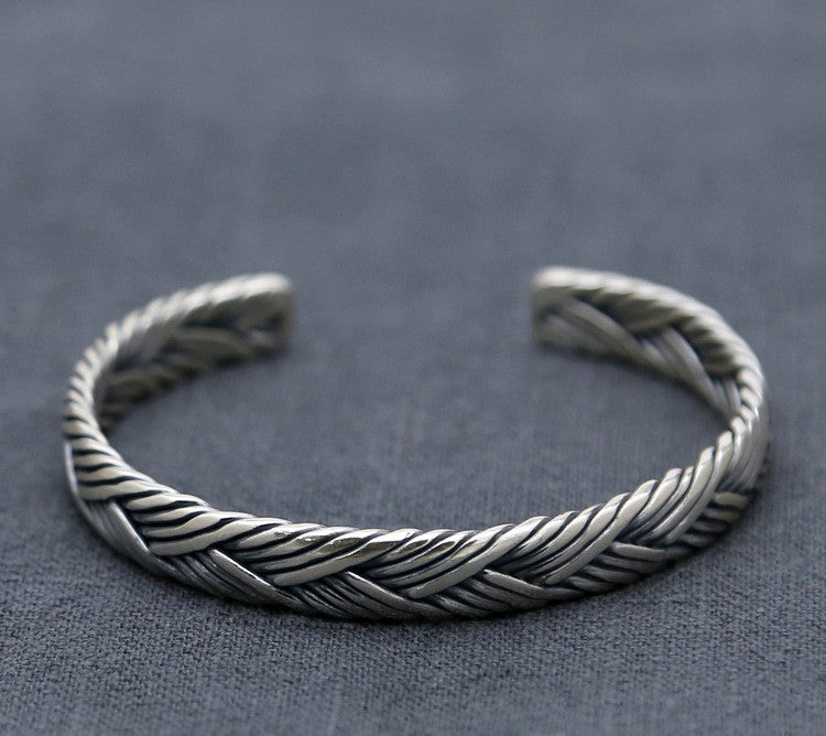 Sterling Silver Ornament Chiang Mai Handmade Silver Retro Hemp Rope Woven Thai Opening Bracelet