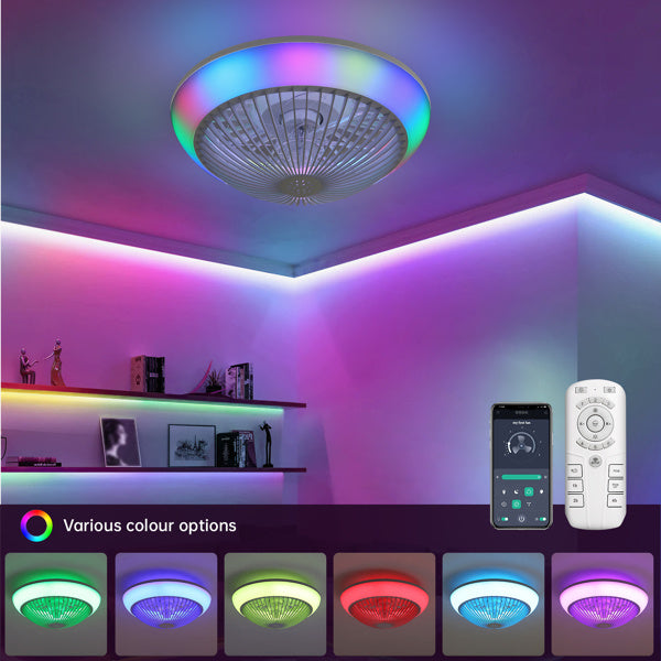 15 Inch RGB Dimmable LED Enclosed Ceiling Fan With Light, Modern Bladeless 6-speed Remote Control Suitable For Bedrooms, Children's Rooms, Parties