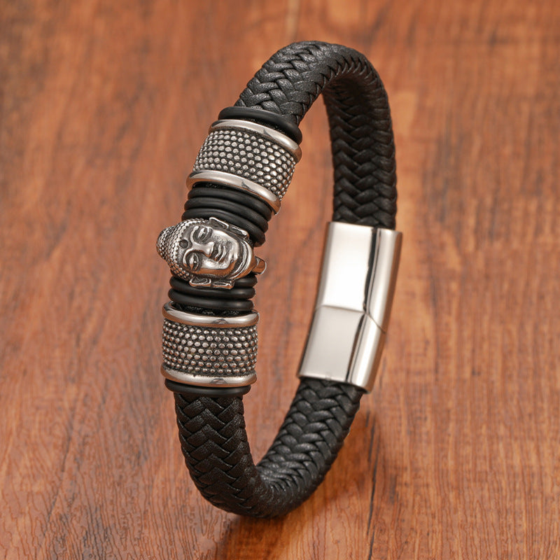 Buddha Sakyamuni Leather Stainless Steel Magnetic Clasp Black Brown Leather Strap Bracelet