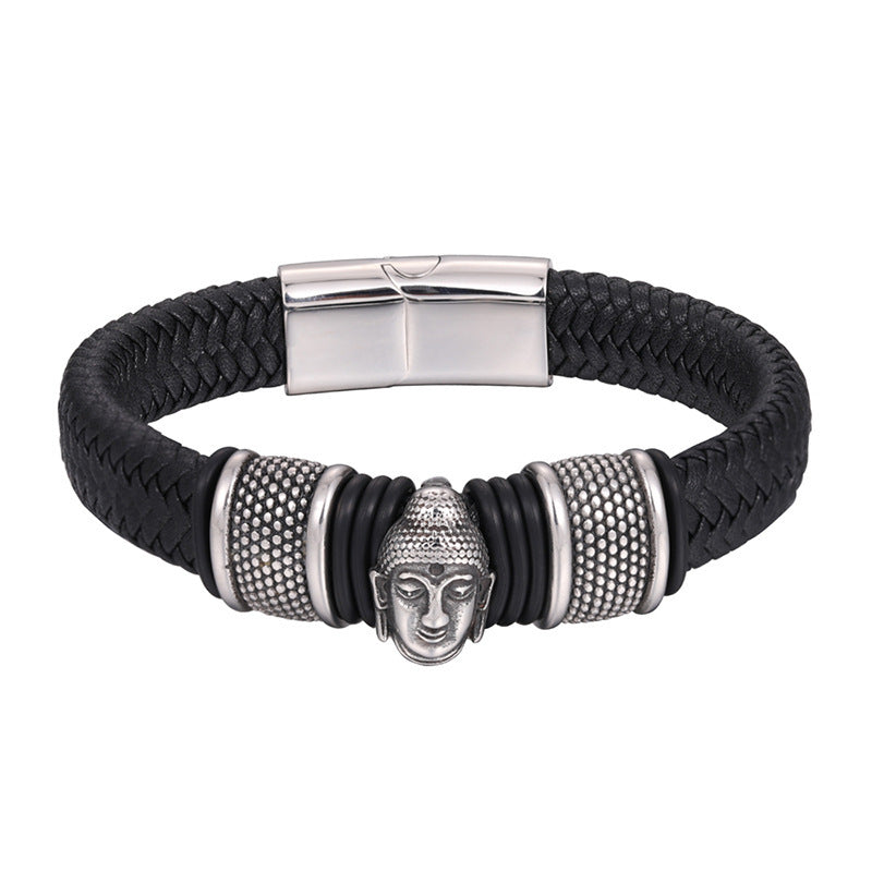 Buddha Sakyamuni Leather Stainless Steel Magnetic Clasp Black Brown Leather Strap Bracelet