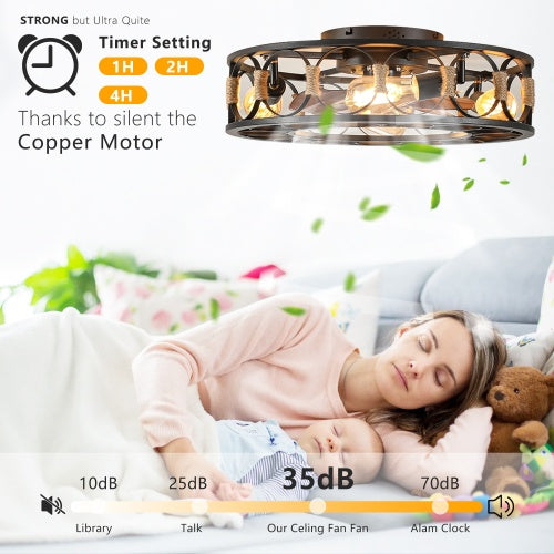 Cage Ceiling Fan With Light Remote Control, Low-profile Built-in Farmhouse Modern Ceiling Fan, 6 Speed Reversible Blades, Including 5 LED Bulbs
