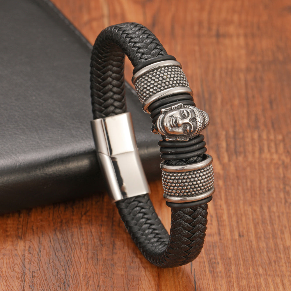 Buddha Sakyamuni Leather Stainless Steel Magnetic Clasp Black Brown Leather Strap Bracelet