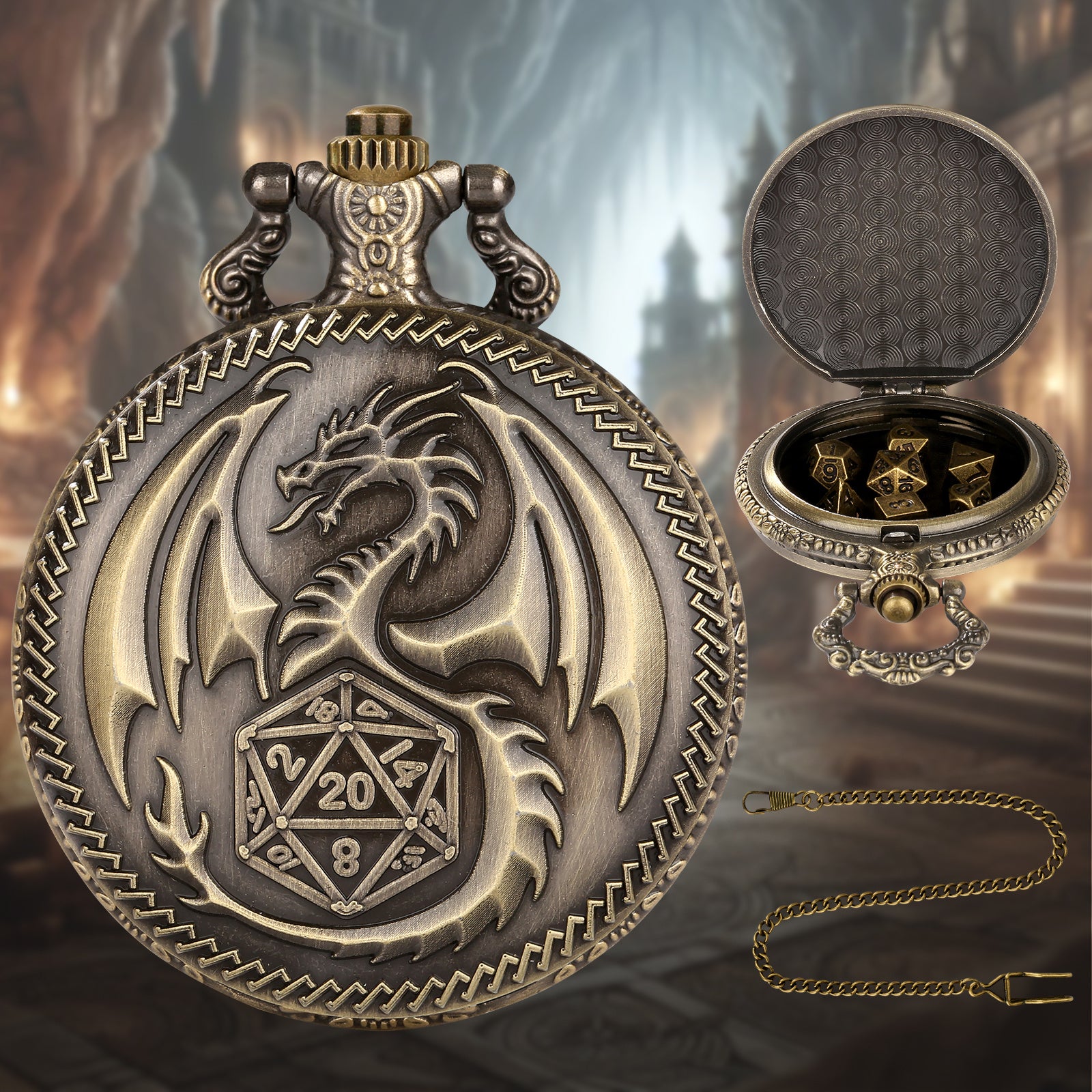 Creative Thick Chain Pocket Watch Set, Equipped With 7 Mini DND Game Polyhedral Metal Dice Tabletop Role-playing Game Dice, Enhancing RPG Gaming Experience And Providing Players With Unique Gifts
