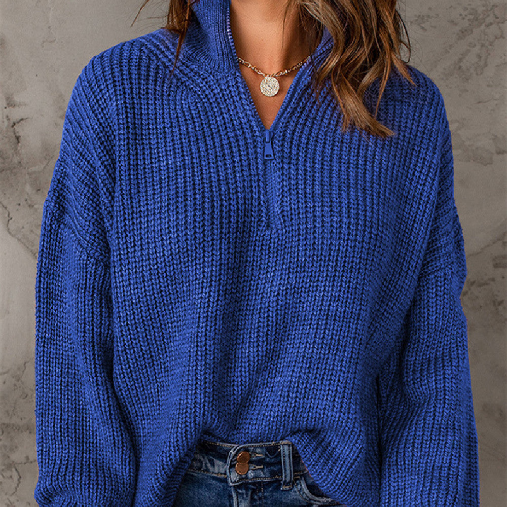 Autumn And Winter Zipper Stand-up Collar Thick Sweater For Women