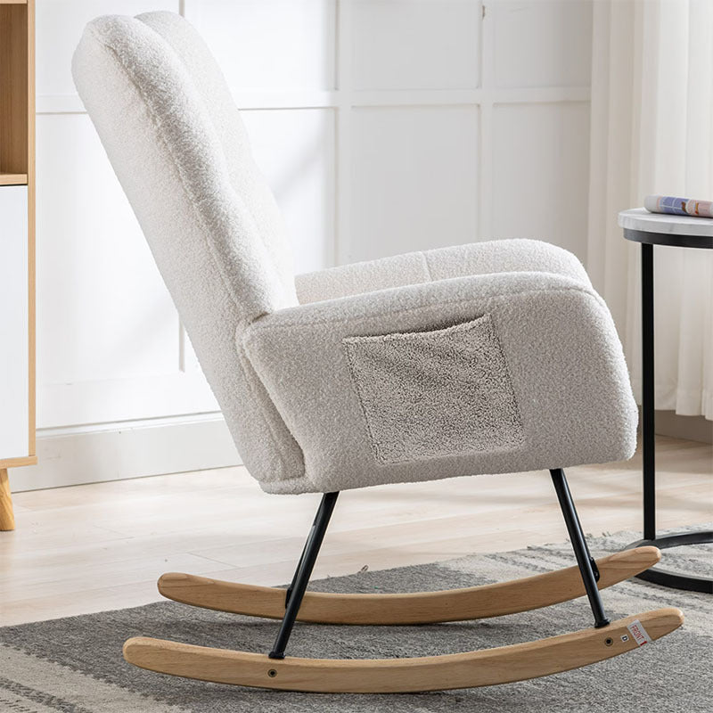 Rocking Chair With Pocket, Soft Teddy Fabric Rocking Chair For Nursery, Comfy Wingback Golider Rocking Chair With Safe Solid Wood Base For Living Room Bedroom Balcony