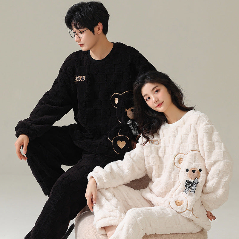 Winter Flannel Pyjamas Female Couple Thermal Cover Cute Student Men's Casual Cartoon Homewear Set Velvet