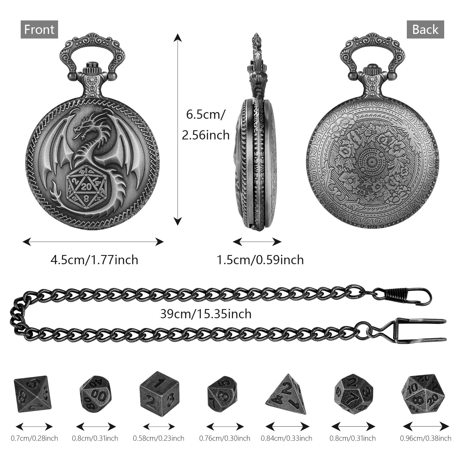 Creative Thick Chain Pocket Watch Set, Equipped With 7 Mini DND Game Polyhedral Metal Dice Tabletop Role-playing Game Dice, Enhancing RPG Gaming Experience And Providing Players With Unique Gifts