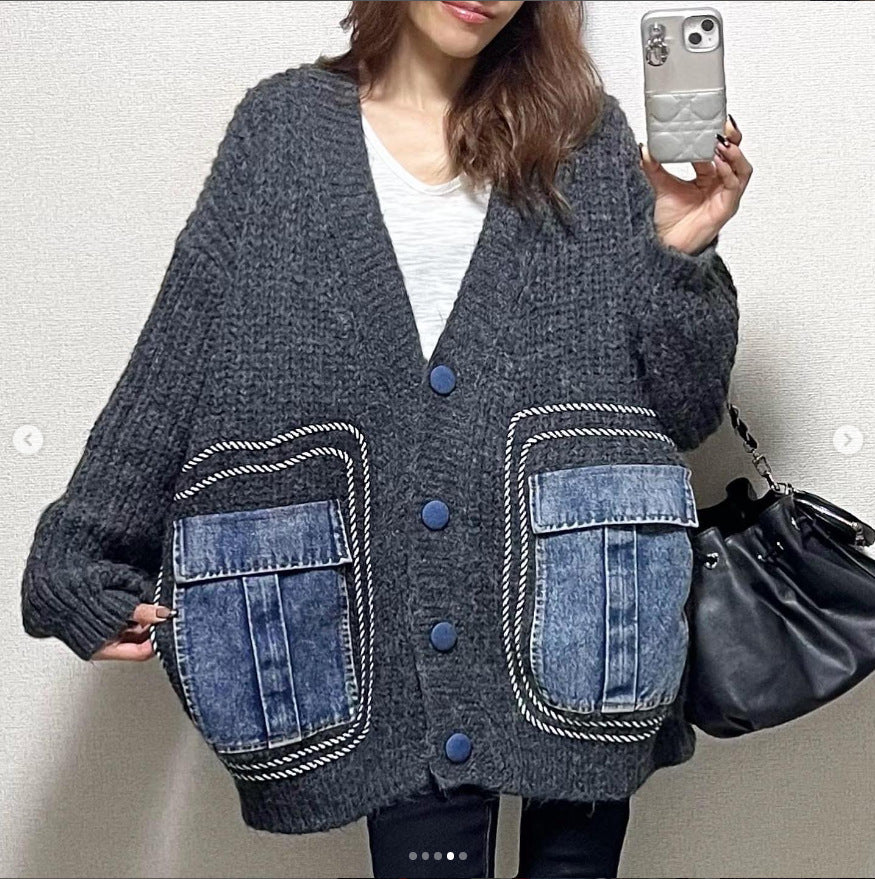 Women's Patchwork Denim Thick Sweater Coat